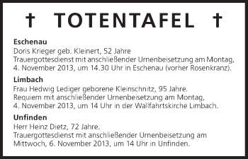 Anzeige von Totentafel vom 01.11.2013 von MGO