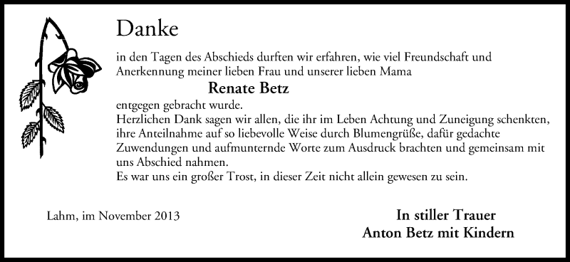  Traueranzeige für Renate Betz vom 01.11.2013 aus MGO