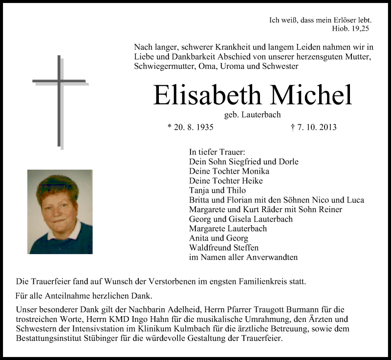  Traueranzeige für Elisabeth Michel vom 01.11.2013 aus MGO