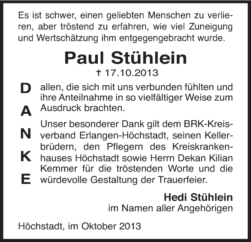  Traueranzeige für Paul Stühlein vom 01.11.2013 aus MGO