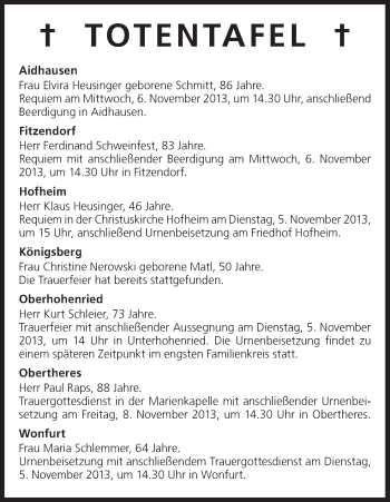 Anzeige von Totentafel vom 05.11.2013 von MGO