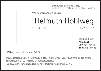 Anzeige von Helmuth Hohlweg von MGO