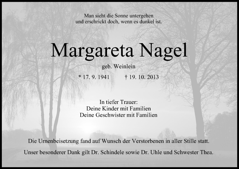  Traueranzeige für Margareta Nagel vom 01.11.2013 aus MGO