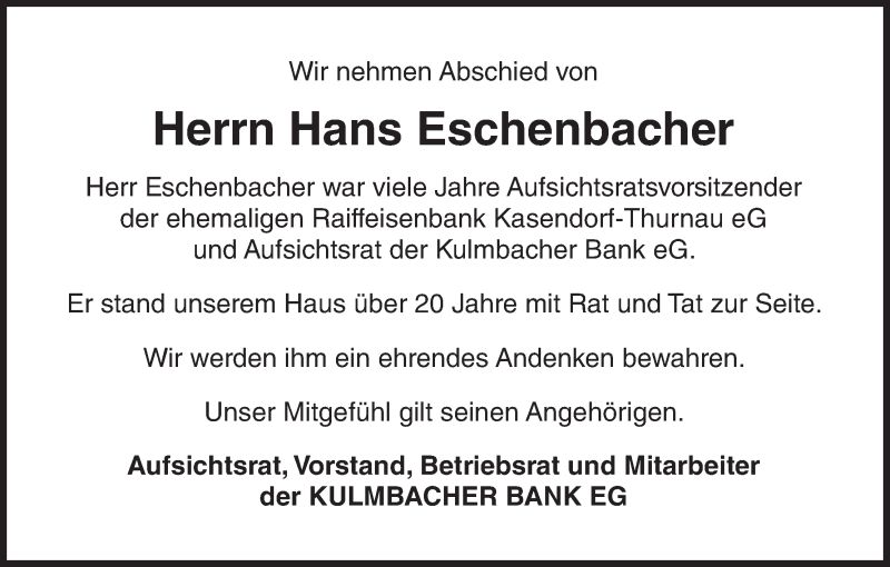  Traueranzeige für Hans Eschenbacher vom 01.11.2013 aus MGO