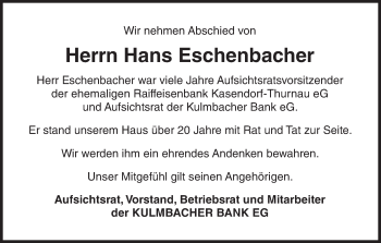 Anzeige von Hans Eschenbacher von MGO