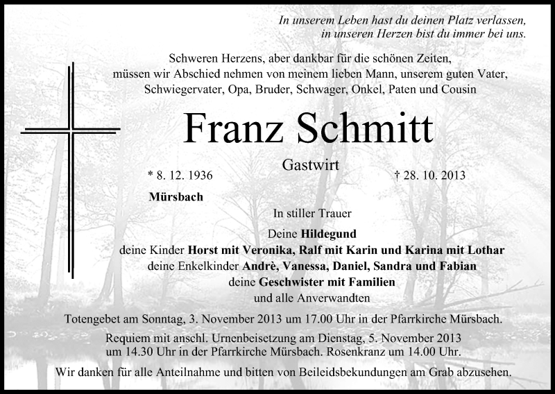  Traueranzeige für Franz Schmitt vom 01.11.2013 aus MGO
