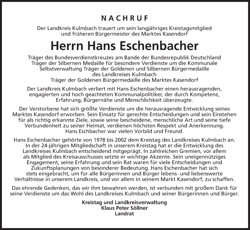  Traueranzeige für Hans Eschenbacher vom 01.11.2013 aus MGO