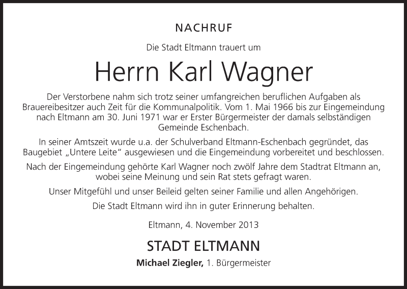  Traueranzeige für Karl Wagner vom 05.11.2013 aus MGO