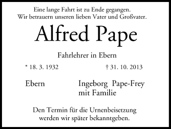 Anzeige von Alfred Pape von MGO
