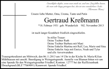 Anzeige von Gertraud Kreßmann von MGO