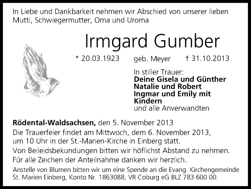  Traueranzeige für Irmgard Gumber vom 05.11.2013 aus MGO