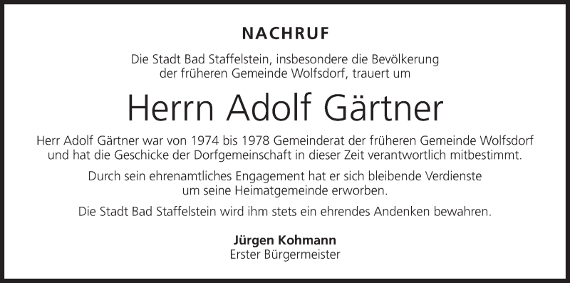  Traueranzeige für Adolf Gärtner vom 06.11.2013 aus MGO