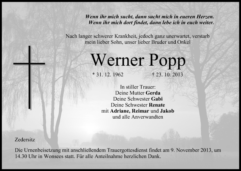  Traueranzeige für Werner Popp vom 06.11.2013 aus MGO