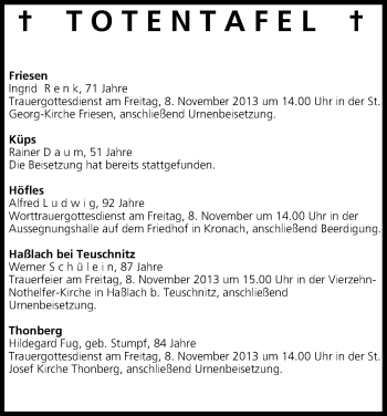 Anzeige von Totentafel vom 07.11.2013 von MGO