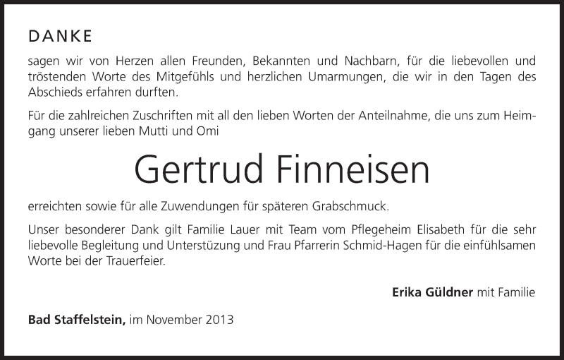  Traueranzeige für Gertrud Finneisen vom 09.11.2013 aus MGO