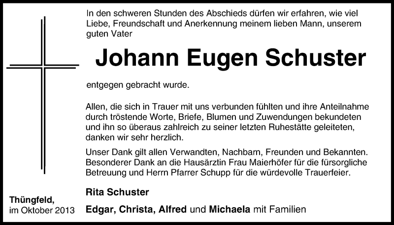  Traueranzeige für Johann Eugen Schuster vom 09.11.2013 aus MGO