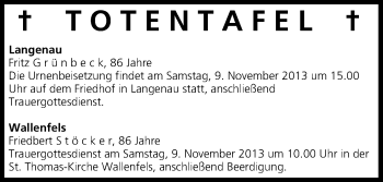 Anzeige von Totentafel vom 08.11.2013 von MGO