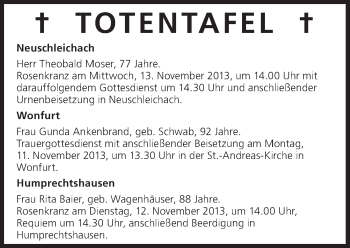 Anzeige von Totentafel vom 11.11.2013 von MGO