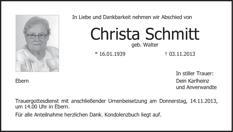  Traueranzeige für Christa Schmitt vom 11.11.2013 aus MGO