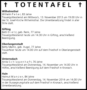 Anzeige von Totentafel vom 12.11.2013 von MGO