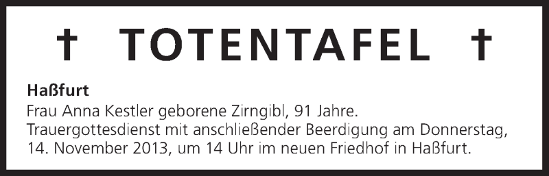  Traueranzeige für Totentafel vom 13.11.2013 vom 13.11.2013 aus MGO