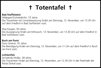 Anzeige von Totentafel vom 12.11.2013 von MGO