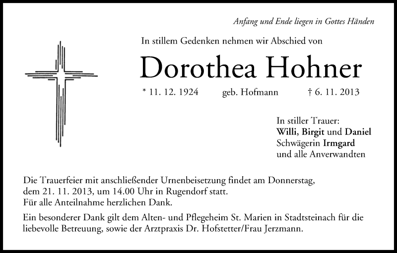  Traueranzeige für Dorothea Hohner vom 19.11.2013 aus MGO