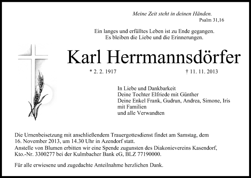  Traueranzeige für Karl Herrmannsdörfer vom 13.11.2013 aus MGO