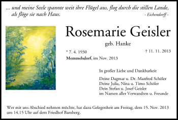 Anzeige von Rosemarie Geisler von MGO
