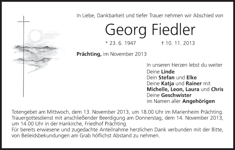  Traueranzeige für Georg Fiedler vom 13.11.2013 aus MGO