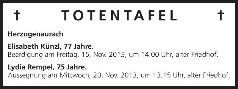  Traueranzeige für Totentafel vom 14.11.2013 vom 14.11.2013 aus MGO