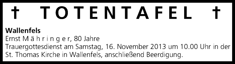  Traueranzeige für Totentafel vom 14.11.2013 vom 14.11.2013 aus MGO