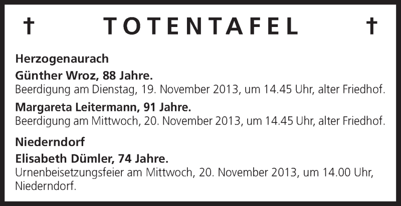  Traueranzeige für Totentafel vom 16.11.2013 vom 16.11.2013 aus MGO