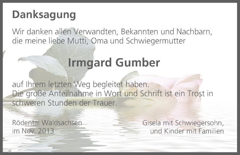  Traueranzeige für Irmgard Gumber vom 14.11.2013 aus MGO