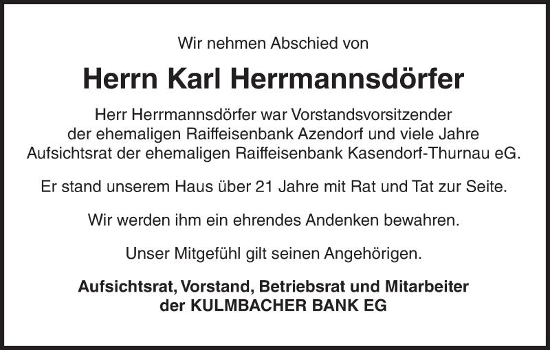  Traueranzeige für Karl Herrmannsdörfer vom 14.11.2013 aus MGO