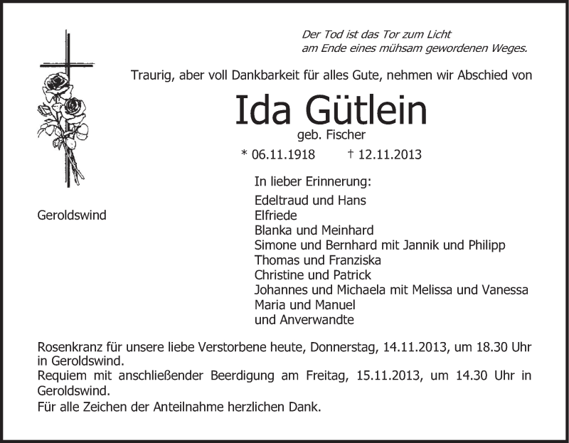  Traueranzeige für Ida Gütlein vom 14.11.2013 aus MGO