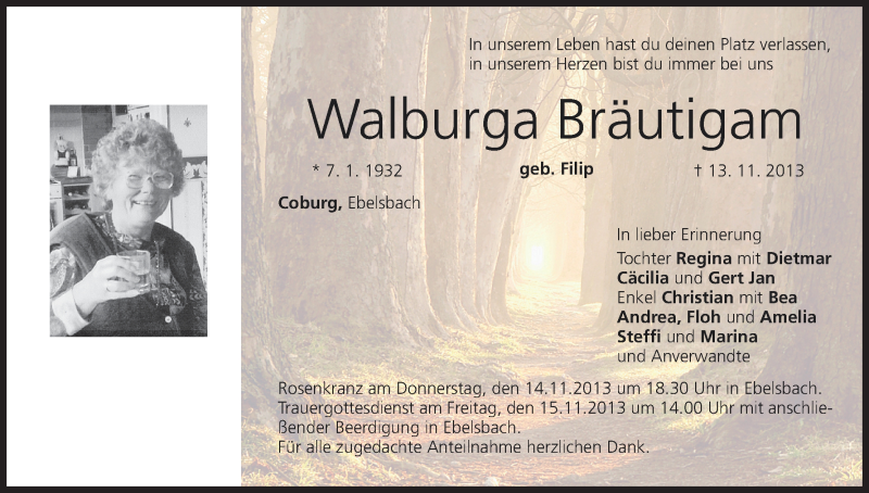  Traueranzeige für Walburga Bräutigam vom 14.11.2013 aus MGO