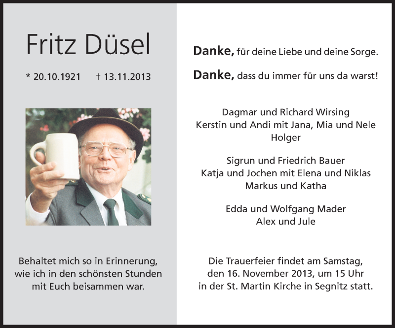  Traueranzeige für Fritz Düsel vom 15.11.2013 aus MGO