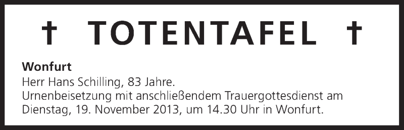  Traueranzeige für Totentafel vom 16.11.2013 vom 16.11.2013 aus MGO