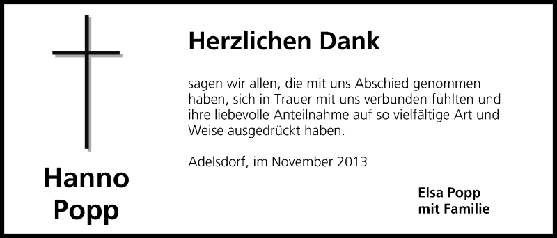  Traueranzeige für Hanno Popp vom 16.11.2013 aus MGO