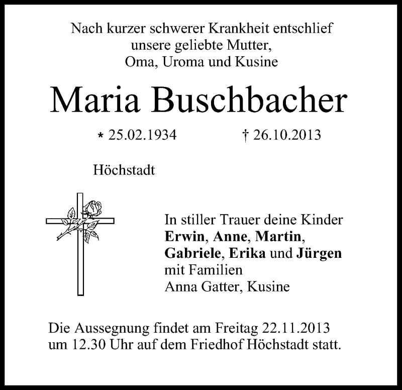  Traueranzeige für Maria Buschbacher vom 16.11.2013 aus MGO