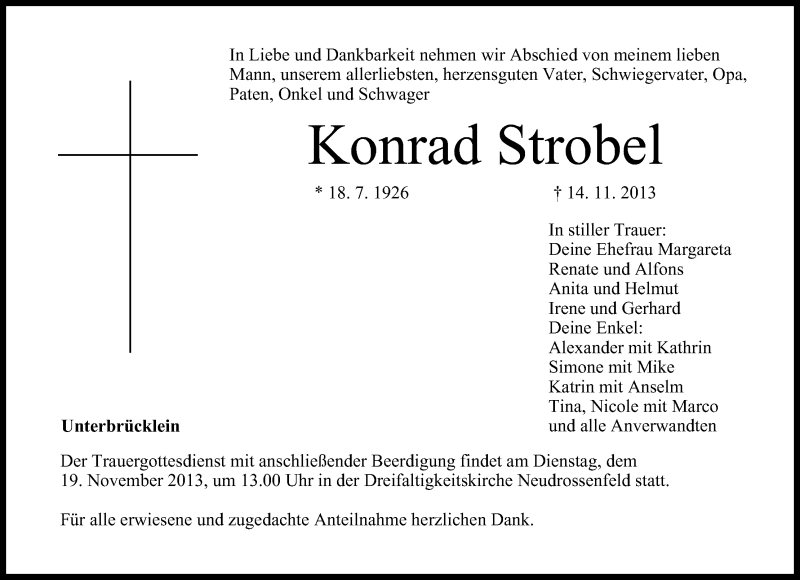  Traueranzeige für Konrad Strobel vom 16.11.2013 aus MGO