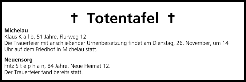  Traueranzeige für Totentafel vom 16.11.2013 vom 16.11.2013 aus MGO