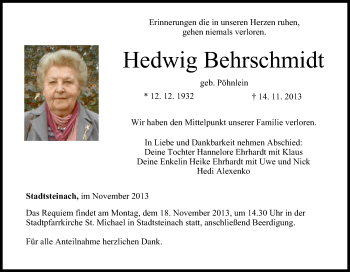 Anzeige von Hedwig Behrschmidt von MGO
