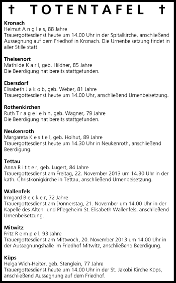 Anzeige von Totentafel vom 19.11.2013 von MGO
