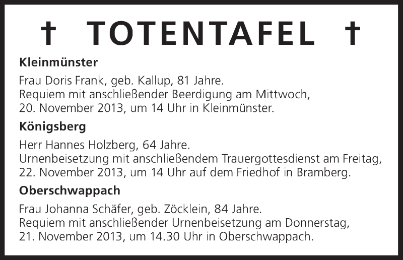  Traueranzeige für Totentafel vom 19.11.2013 vom 19.11.2013 aus MGO