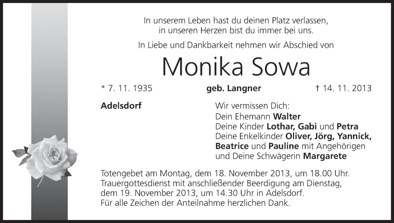  Traueranzeige für Monika Sowa vom 16.11.2013 aus MGO