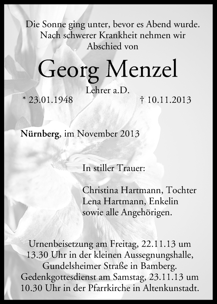  Traueranzeige für Georg Menzel vom 20.11.2013 aus MGO