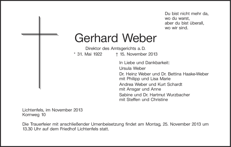  Traueranzeige für Gerhard Weber vom 19.11.2013 aus MGO