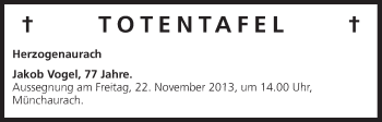 Anzeige von Totentafel vom 20.11.2013 von MGO